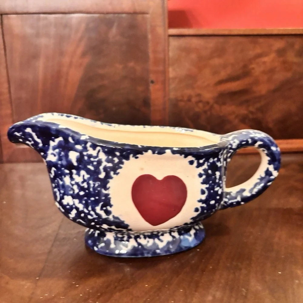 Blue Spongeware Heart Gravy Boat & Underplate Set Pottery Country Farmhouse
